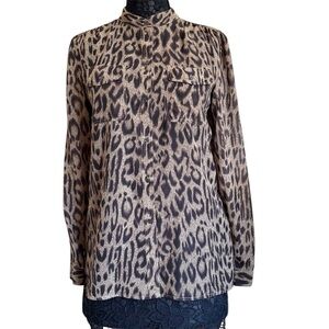 Chaps Brown and Tan Animal Print Sheer Button Down Blouse Top